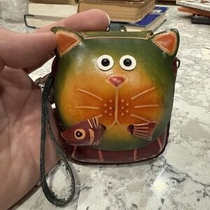 Vintage Leather Wristlet Cat Coin Purse Fish Motif Handcrafted Small Bag